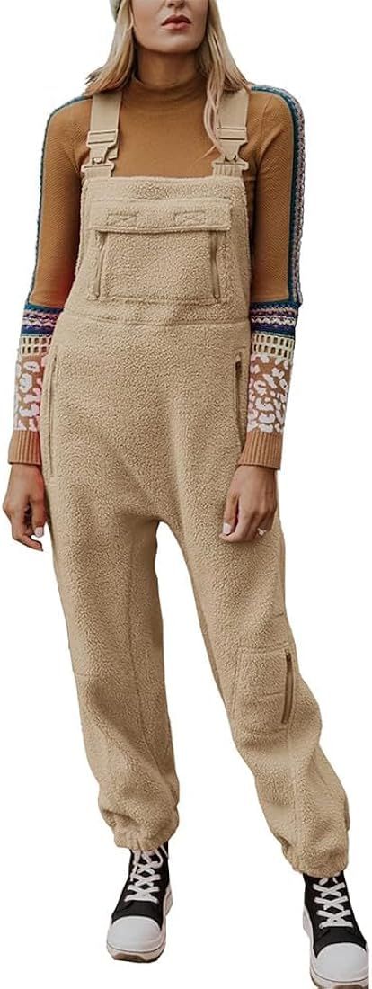 yoeasy Women's Warm Fleece Fuzzy Overalls Sleeveless Winter Loose Adjustable Strap Bib Jumpsuits ... | Amazon (US)