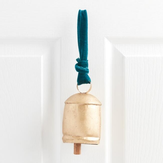 Antique Gold Metal Bell With Velvet Ribbon Hanging Decor | World Market