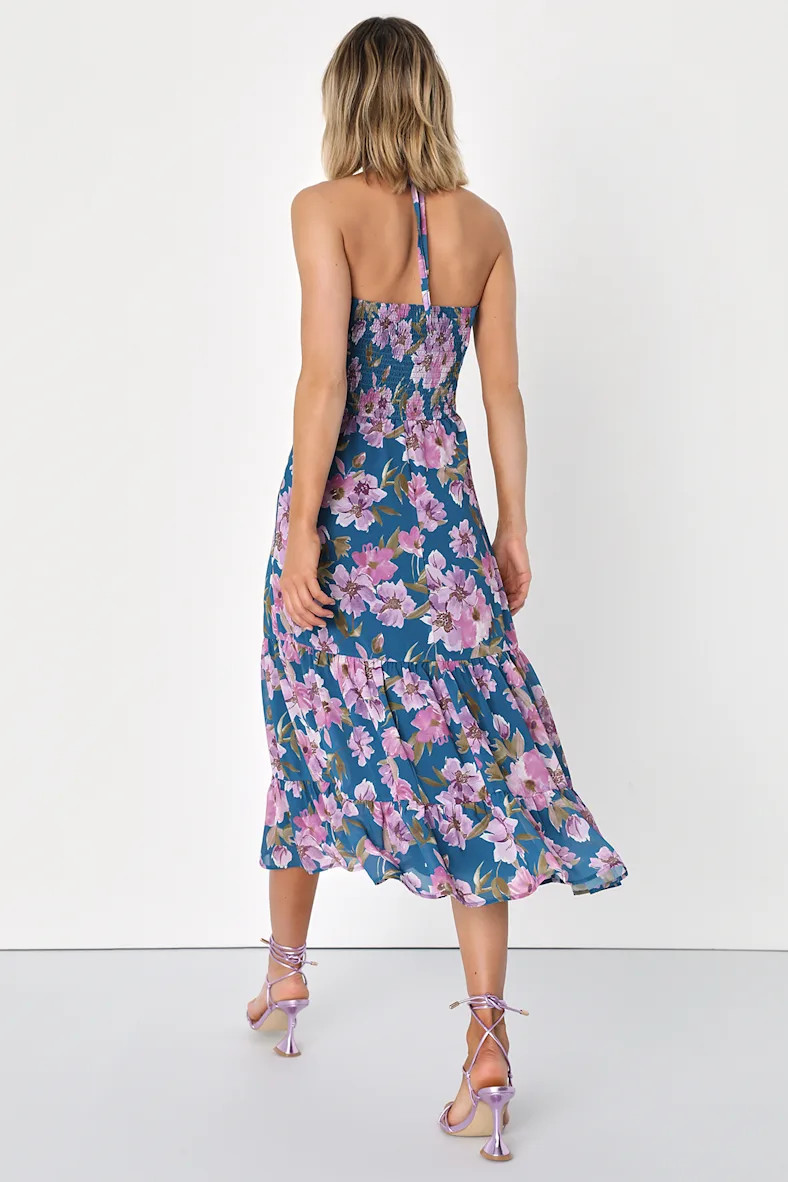 Maximum Perfection Blue Floral Halter Tiered Midi Dress | Lulus (US)