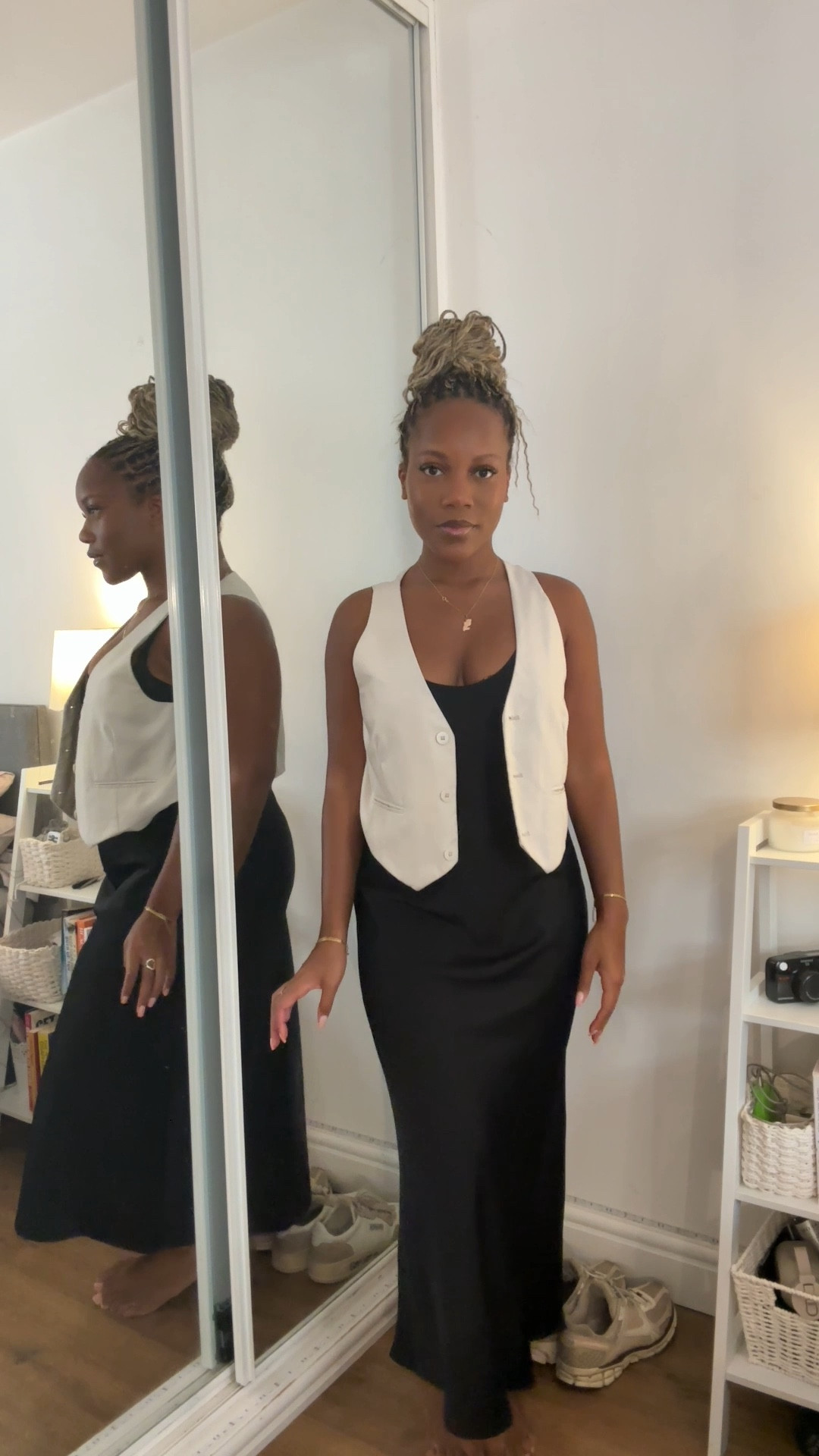 I wear a size S in both the dress and waistcoat. Weekday no longer stock this colour - but have linked the grey version! #corporate #officeoutfit