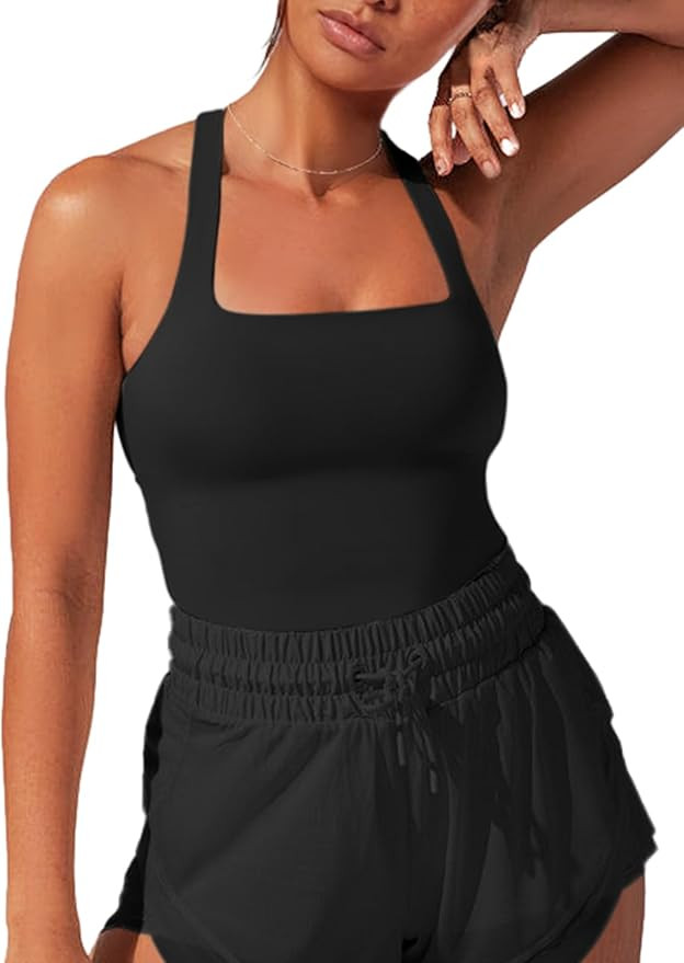 FlexLux Womens Square Neck Longline Sports Bra Racerback Yoga Bra Workout Crop Tank Tops with Bui... | Amazon (US)