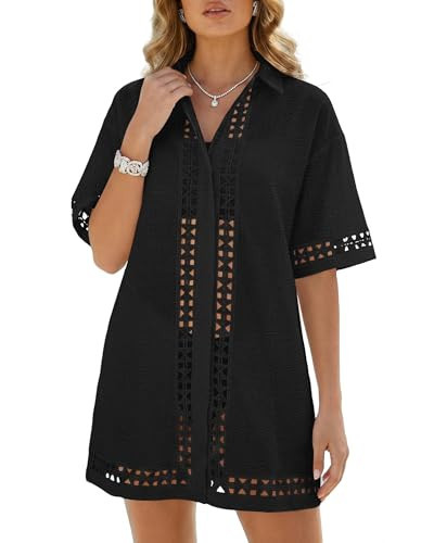 Bsubseach Swimsuit Coverup for Women Boho Beach Bathing Suit Cover Up Shirt Geometric Eyelet Button Down Vacation Outfits Black M | Amazon (US)