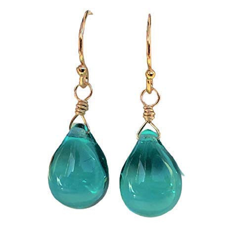 Teal Green Glass Dangle Drop Wire Wrapped Earrings, Gold Jewelry, Elegant Gifts For Women, Her, M... | Amazon (US)