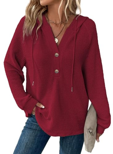 Dokotoo Hoodies for Women Waffle Knit Button V Neck Casual Sweatshirt Tops | Amazon (US)