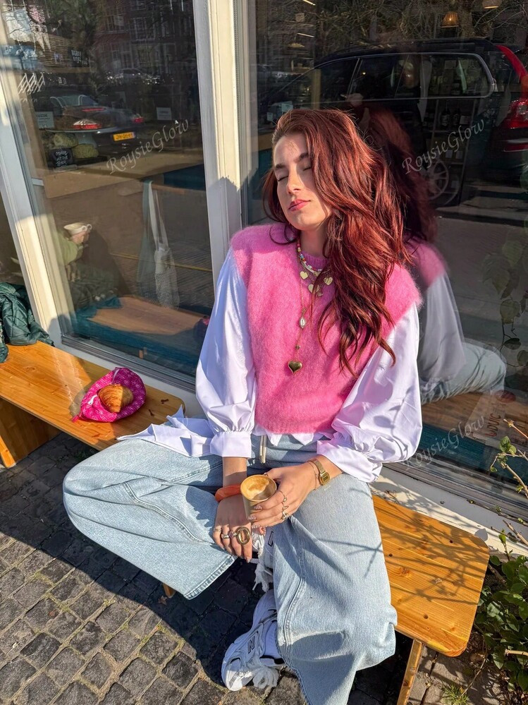 Gebreid Vest Met Ronde Hals En Mouwen Voor Dames, Modieus, Casual, Eenvoudig En Veelzijdig, Geschikt Voor Alle Seizoenen, Geschikt Voor Dagelijks Woon-Werkverkeer | SHEIN