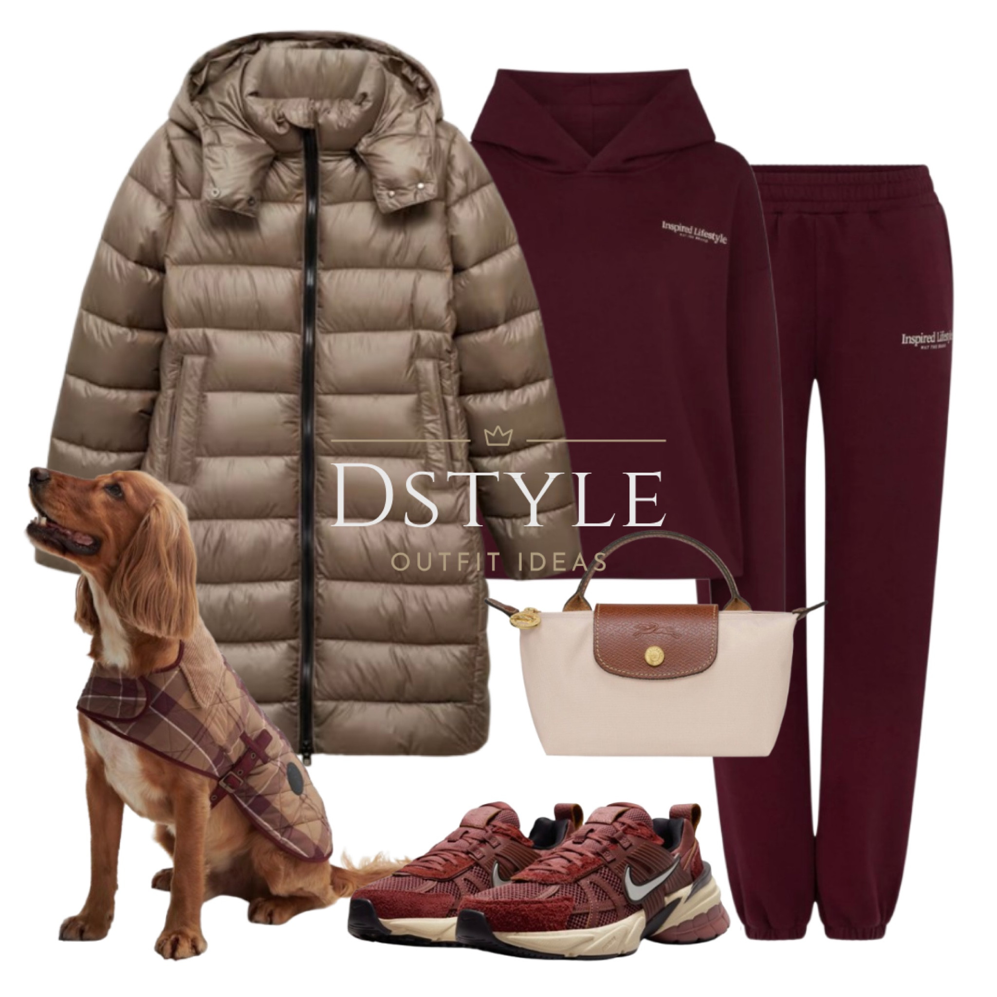 Medium brown eater-repellent quilted coat jacket, bordeaux hoodie and matching bordeaux  relaxed joggers, burgundy sweatshirt, burgundy sweatpants, Nike dark red sneakers/trainers, matching dog coat

#LTKSeasonal #LTKTravel #LTKShoeCrush