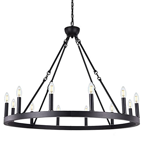 Wellmet 12-Light Black Wagon Wheel Chandelier Diam 38 inch, Farmhouse Industrial Country Style La... | Amazon (US)