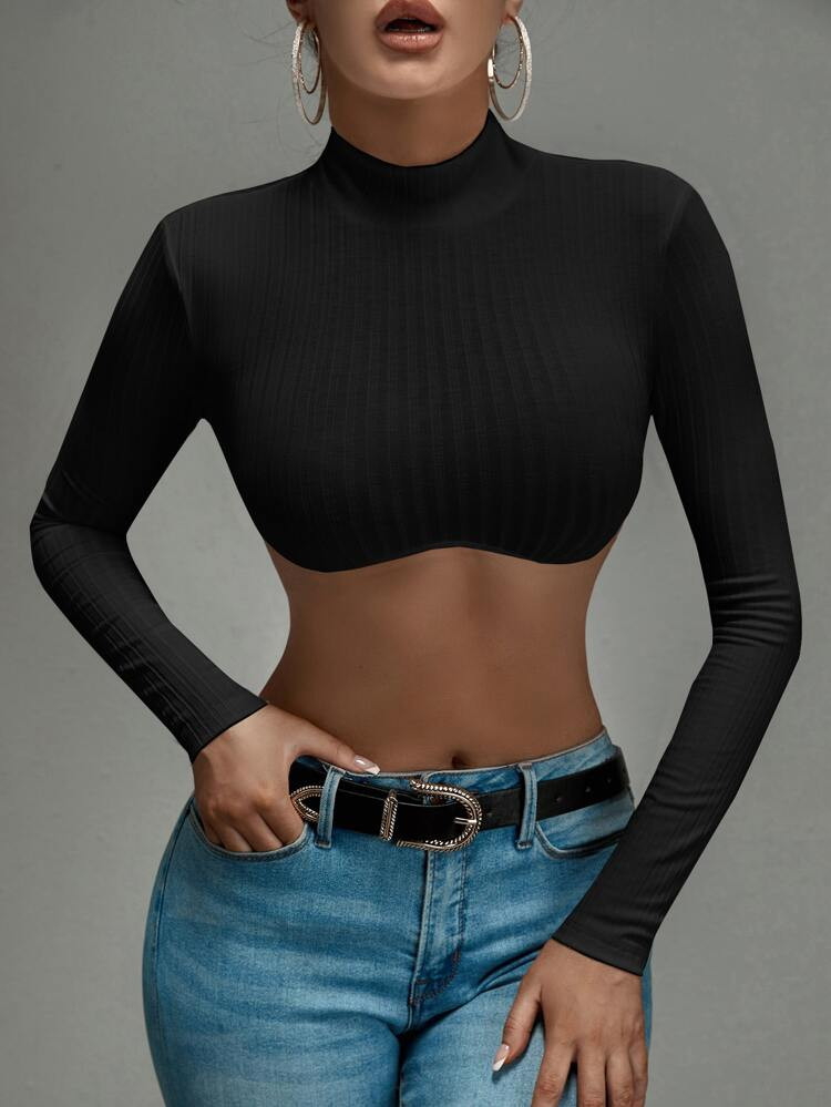 SHEIN SXY Mock Neck Rib-knit Crop Top | SHEIN