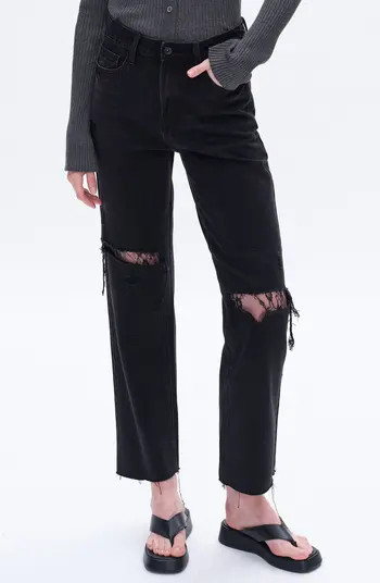 High Waist Lace Inset Rip Straight Leg Jeans | Nordstrom