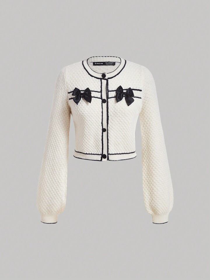 SHEIN MOD Contrast Trim Bow Front Button Through Cardigan | SHEIN