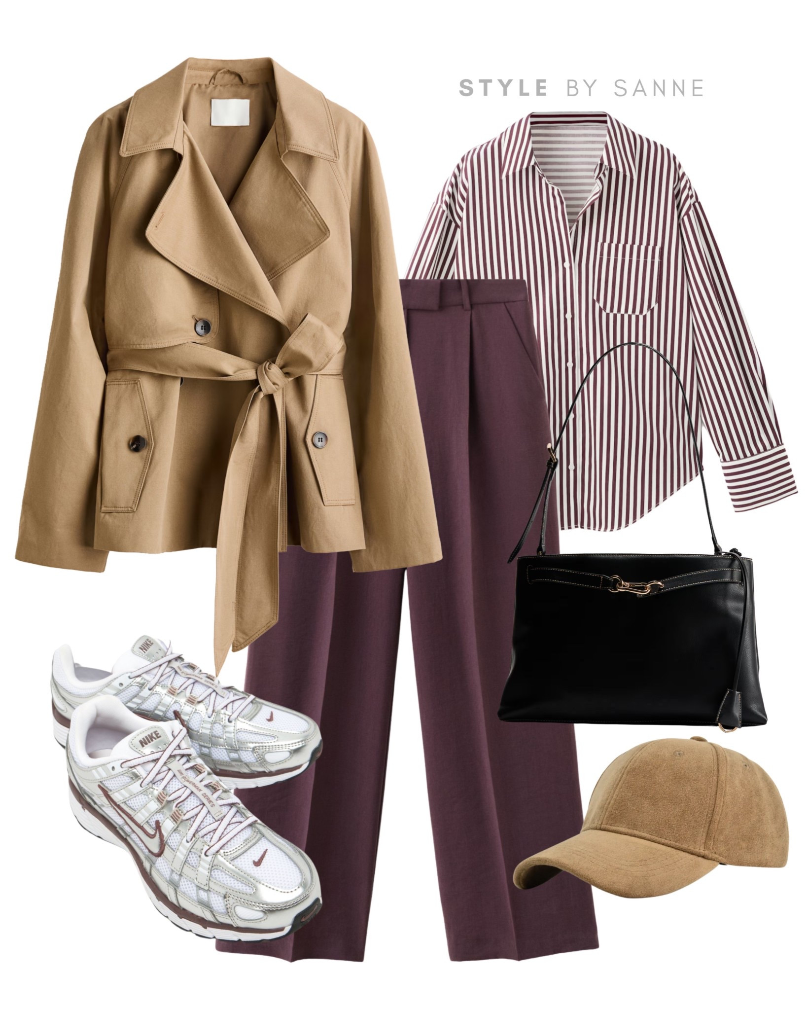A camel trench paired with a burgundy striped blouse and tailored plum trousers creates a polished yet relaxed everyday look. Finished with neutral sneakers, a suede cap and a sleek black shoulder bag for a modern city vibe.🧥💕

#LTKstyletip #LTKworkwear #LTKspring