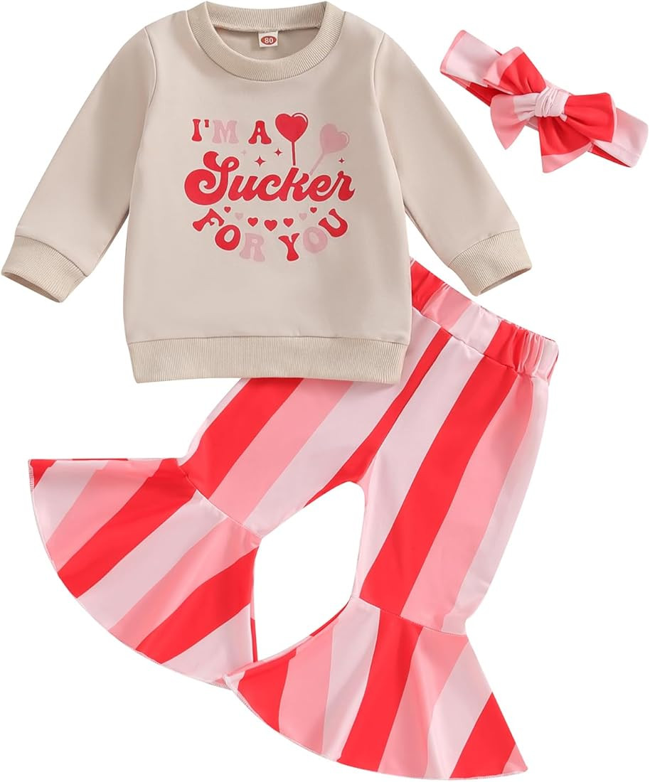 Madjtlqy Toddler Baby Girl Valentine's Day Outfit Letter Print Long Sleeve Sweatshirt Flare Pants... | Amazon (US)
