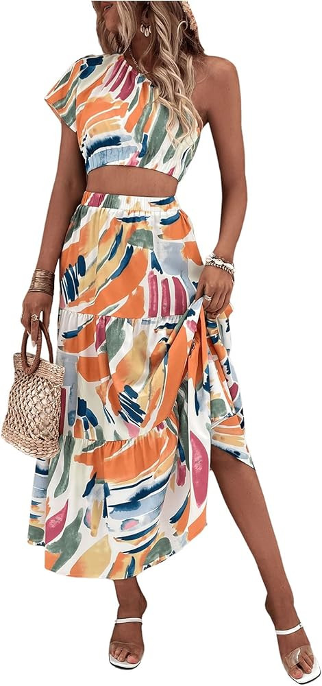 Women's 2 Piece Outfits Boho Allover Print One Shoulder Crop Top Blouse Top and Ruffle Hem Skirt ... | Amazon (US)