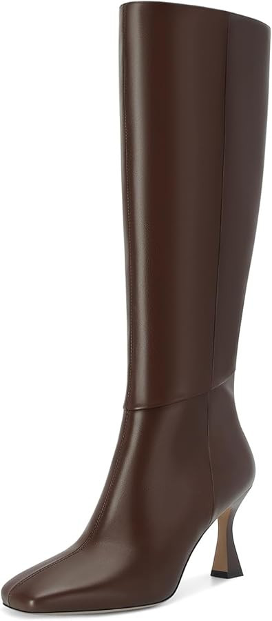 Dsevht Black Leather Knee High Boots for Women Stiletto Kitten Heeled Sexy Boots Square Toe and S... | Amazon (US)