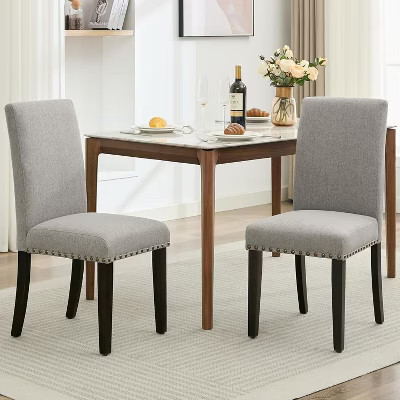 Upholstered Dining Chairs Set of 2 — Padded Linen Seats, Nailhead Trim, Tufted Back, Wood Legs, Adjustable Feet, Vintage-Modern,Grey Nailhead | Target