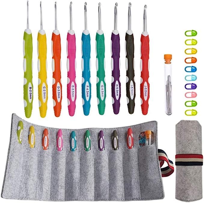 Ergonomic Crochet Hooks with Roll Felt Bag, Crochet Hooks Set with Long Handle for Arthritic Hand... | Amazon (US)