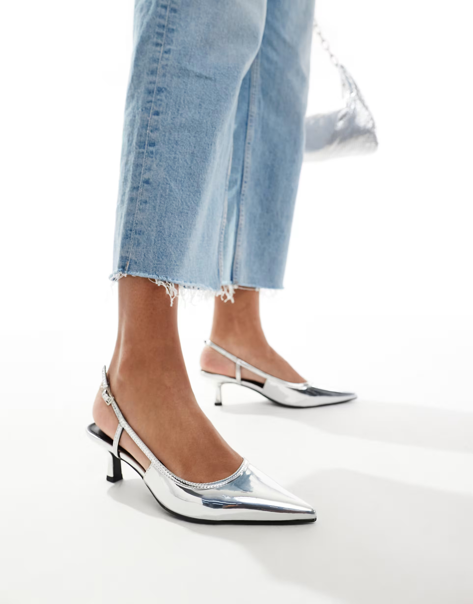 ASOS DESIGN Strut slingback kitten heeled shoes in silver | ASOS (Global)