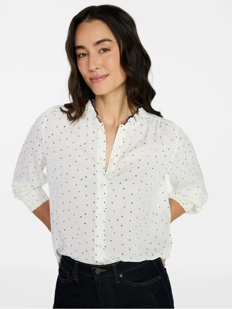 Time and Tru Women's Ruffle Button Down Blouse with Long Sleeves, Sizes XS-XXXL | Walmart (US)