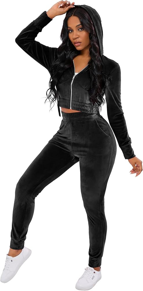 PINSV 2 Piece Outfits Velour Tracksuit For Women Zip Up Hoodie Velvet Jogging Sweatsuit Workout S... | Amazon (US)