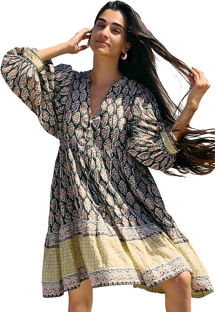 Summer Dresses for Women Boho Babydoll Puffs Flowy Floral V Neck Mini Dress | Amazon (US)