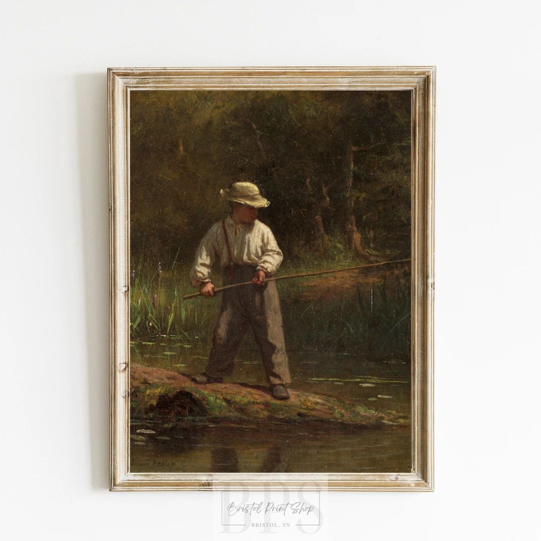 Vintage Boy With Hat Fishing | Boy's Room Print | Antique Pond Wall Art | 1915 Lake Painting | Vi... | Etsy (US)