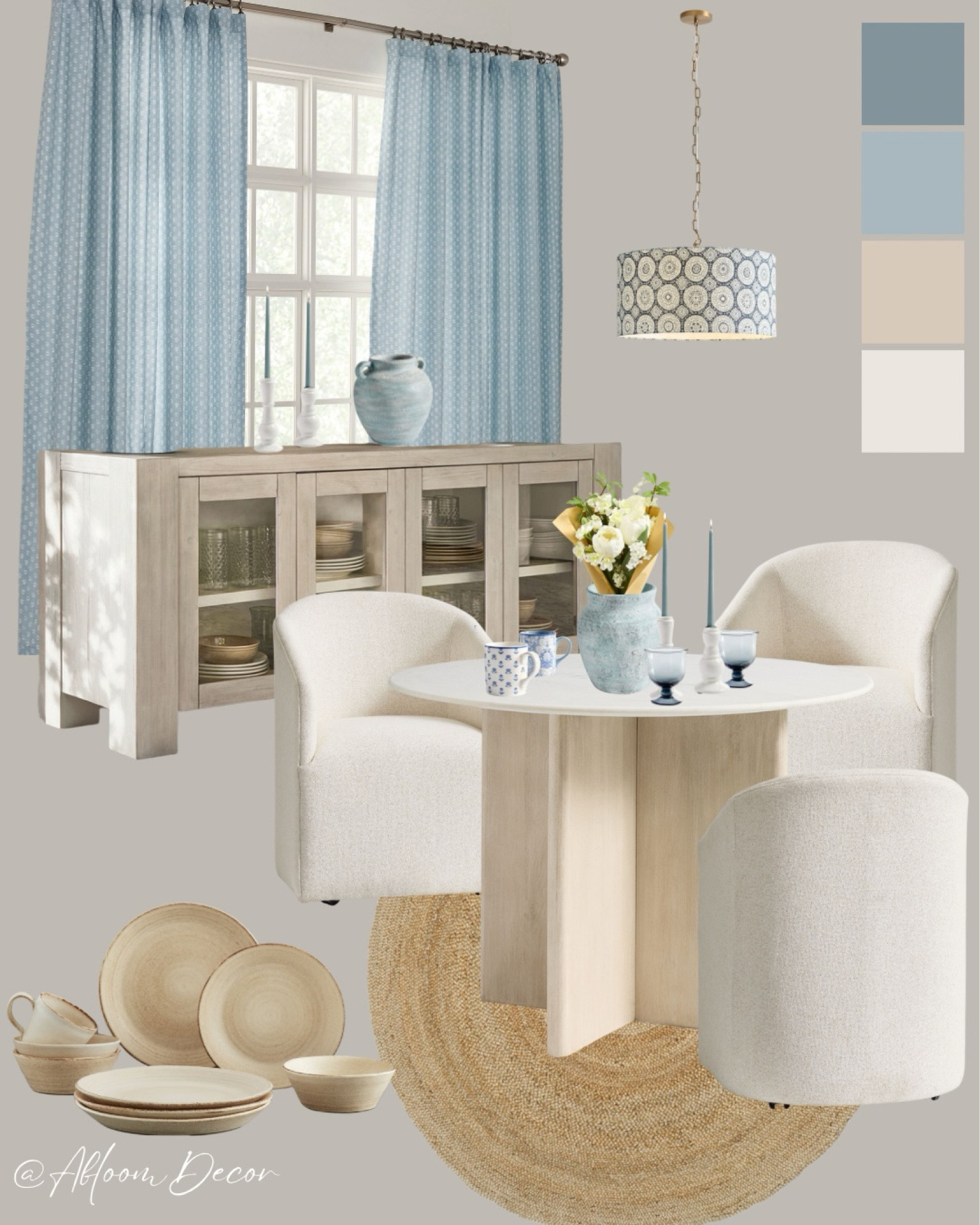 This cozy dining space features soft blue accents, natural wood tones, and rounded upholstered chairs, creating a relaxed, coastal look.

#LTKHome