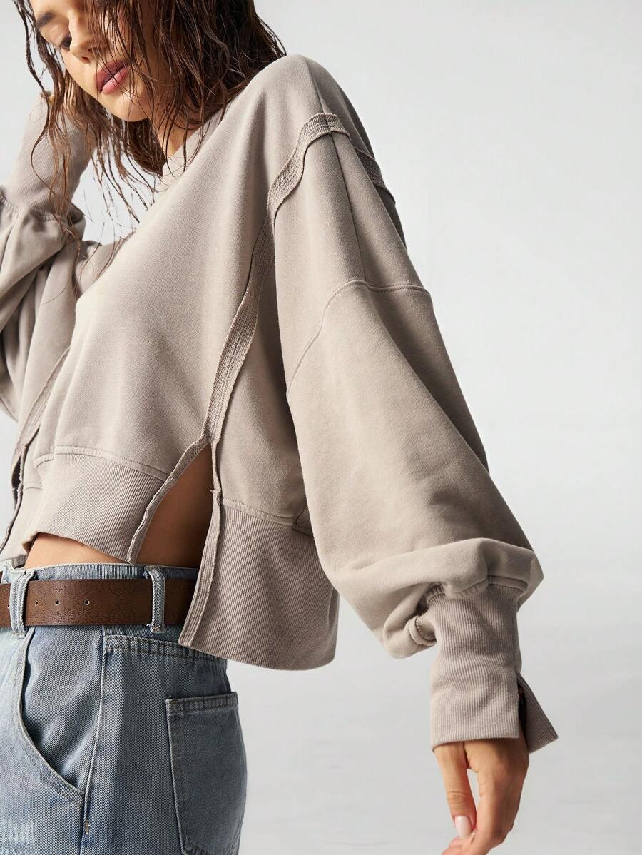 SHEIN PETITE Fashionable And Casual Side Slits, Slouchy And Loose Women's Sweatshirt, Suitable Fo... | SHEIN