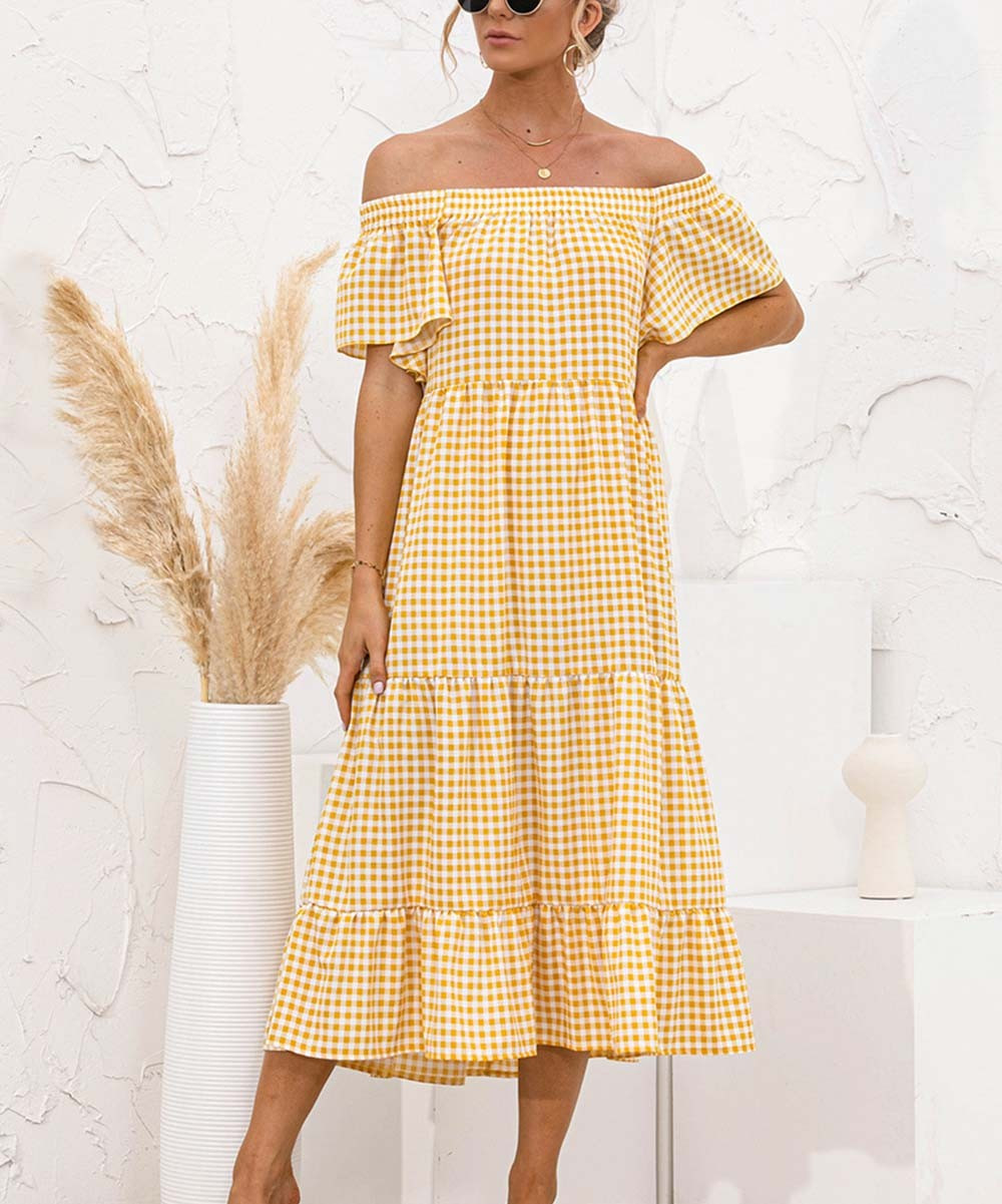 Lapentry Women's Casual Dresses Yellow - Yellow Gingham Tiered Off-Shoulder Midi Dress - Women | Zulily