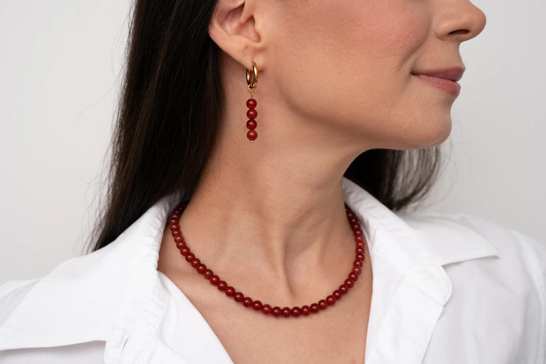 CARMEN Red Carnelian Necklace Choker, Red Necklace, Red Gemstone Necklace, Genuine Carnelian, Bea... | Etsy (US)