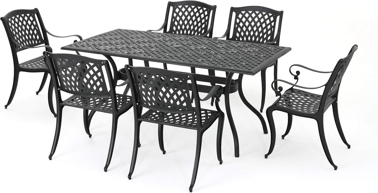 Christopher Knight Home Cayman Outdoor 6-Seater Cast Aluminum Dining Set, 7-Pcs Set, Black Sand | Amazon (US)