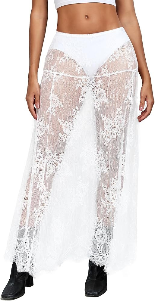 Women's Sheer Lace Maxi Skirt High Waist Mesh A Line Flowy Long Skirt See Through Skirt | Amazon (US)