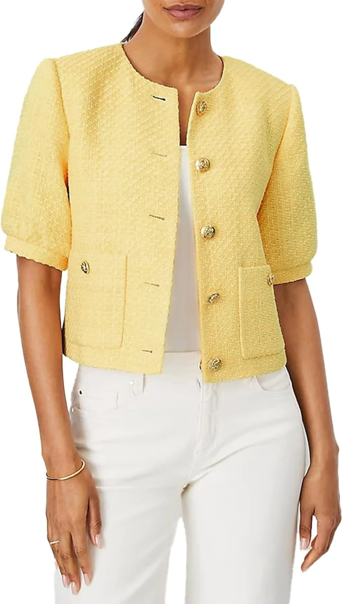 LifeShe Puff Short Sleeve Tweed Jacket Women Cropped Jackets Summer Open Front Office Work Blazer... | Amazon (US)