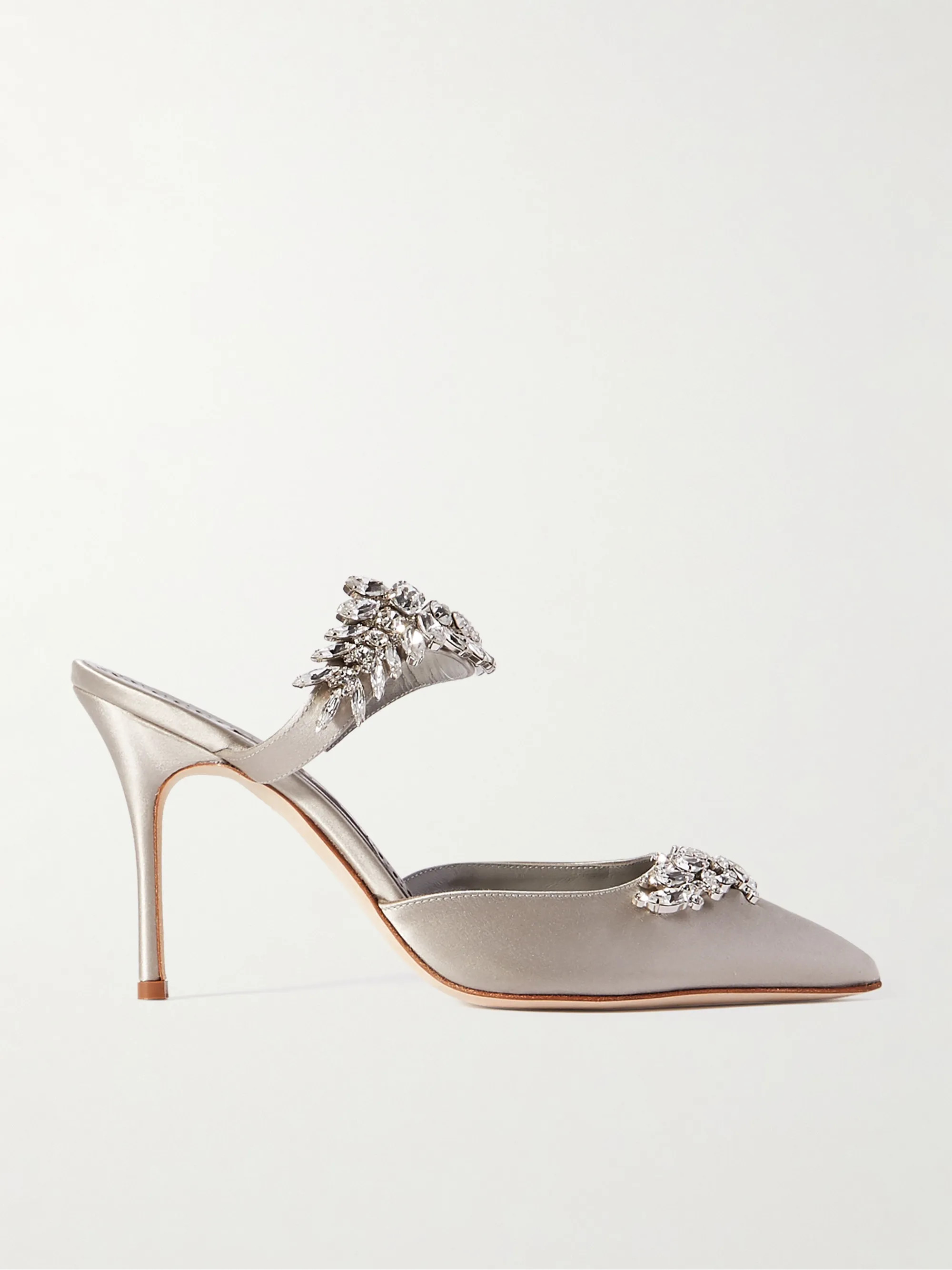 Light gray Lurum crystal-embellished satin mules | Manolo Blahnik | NET-A-PORTER | NET-A-PORTER (US)