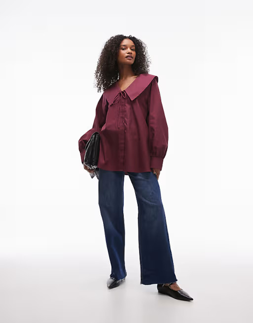 Topshop poplin femme collar shirt in burgundy | ASOS | ASOS (Global)