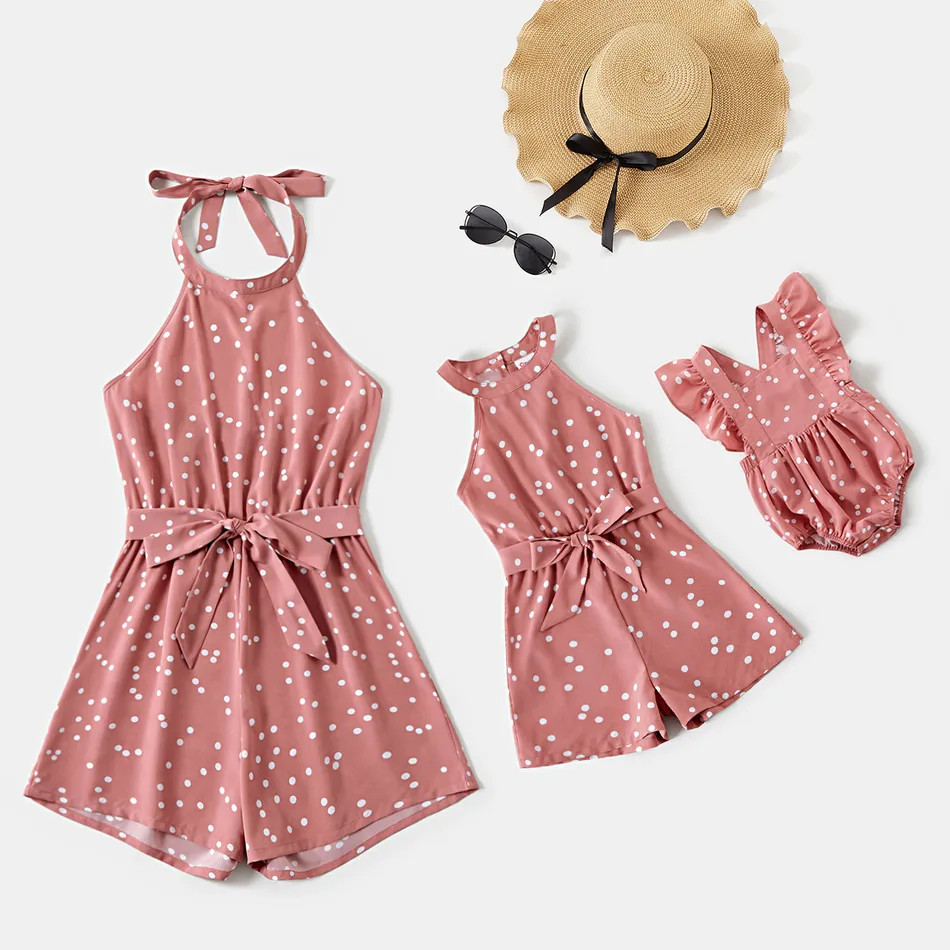 Polka Dots Pink Halter Neck Sleeveless Belted Romper for Mom and Me | PatPat