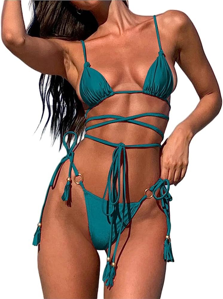 Women Sexy Criss Cross Wrap Micro Bikini 2 Piece Lace Up String Thong Swimsuit Bathing Suit | Amazon (US)