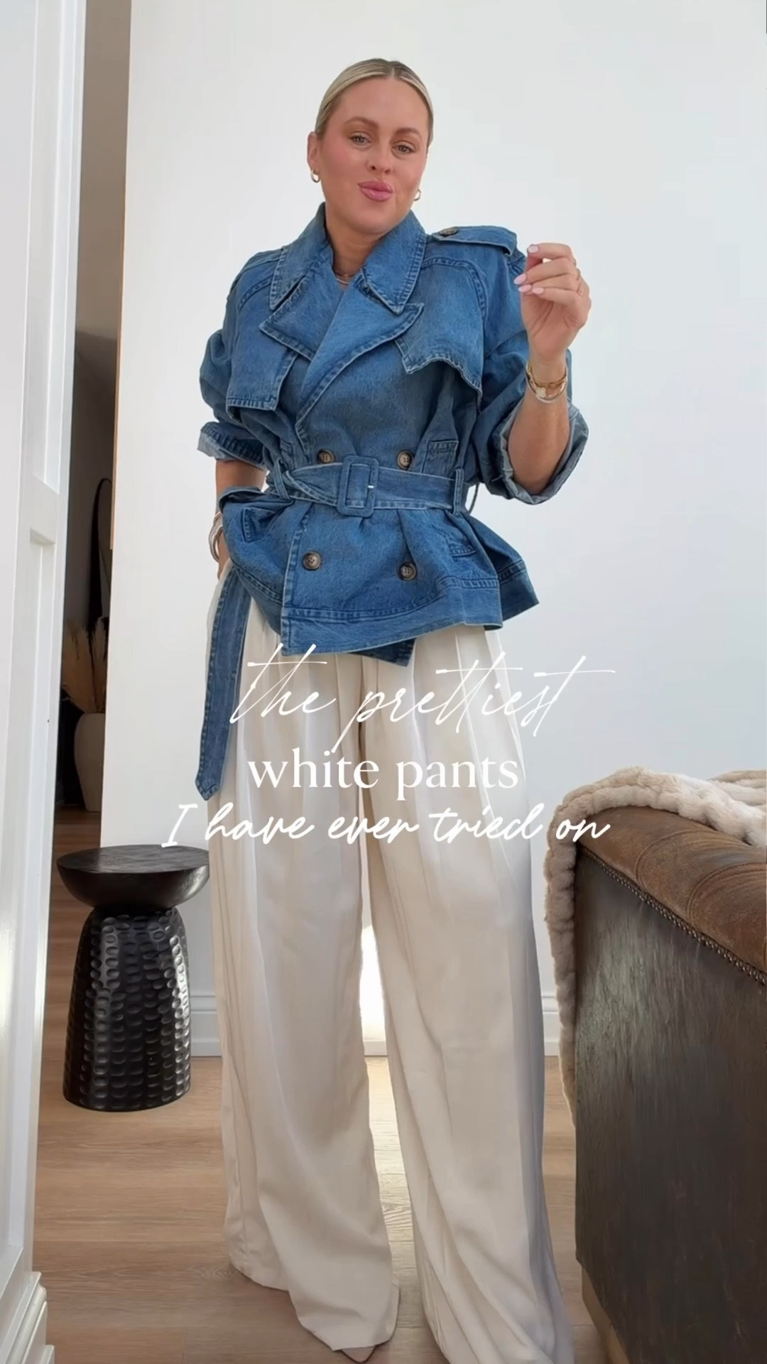 Obsessed with this outfit🤍🔥. The silhouette of these pants is so flattering and they’re under $90. They come in three colors and are such a good elevated everyday piece. I’m wearing a medium in the pants and S/M in the denim blazer jacket.
Think showers, graduations, brunch, date night- so good! 🤍🤍🤍

Spring outfits. Denim wrap coat. High collar. White pants. Dressy. Easter. Graduation. 

#LTKSeasonal #LTKootd #LTKgrwm