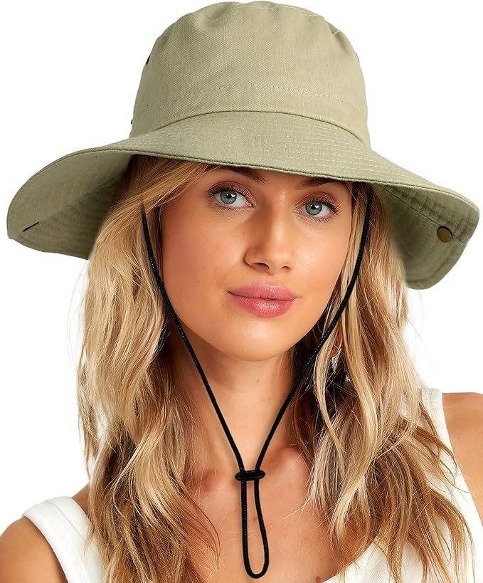 Wide Brim Bucket Sun Hat Packable Cotton Washed UPF 50 Beach Hat for Women Men with Strings Cowbo... | Amazon (US)