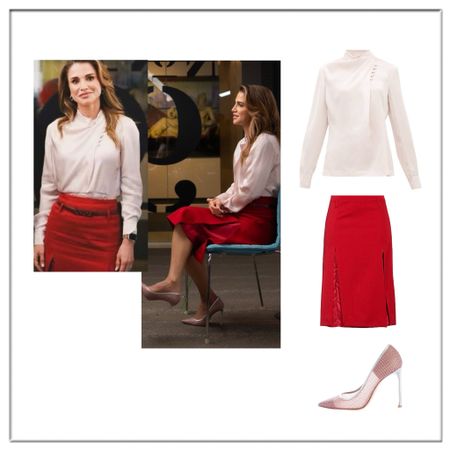 Queen Rania Gabriela Hearst blouse (past season), Victoria Beckham slit midi skirt in red, Dior rose pumps 