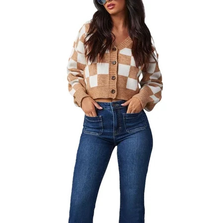 Women s Checkerboard Cropped Cardigan Long Sleeve Button Sweater | Walmart (US)