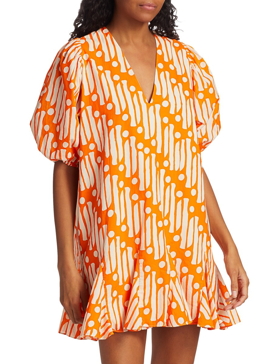 RHODE Women's Saira Puff-Sleeve Batik Cotton Dress - Orange Multi - Size XL | Saks Fifth Avenue OFF 5TH