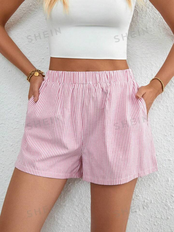 SHEIN Essnce Striped Print Slant Pocket Shorts | SHEIN