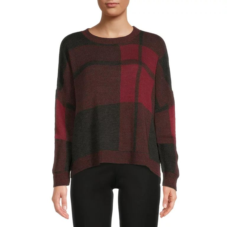 Time and Tru Women's Plaid Relaxed Fit Crewneck Sweater - Walmart.com | Walmart (US)