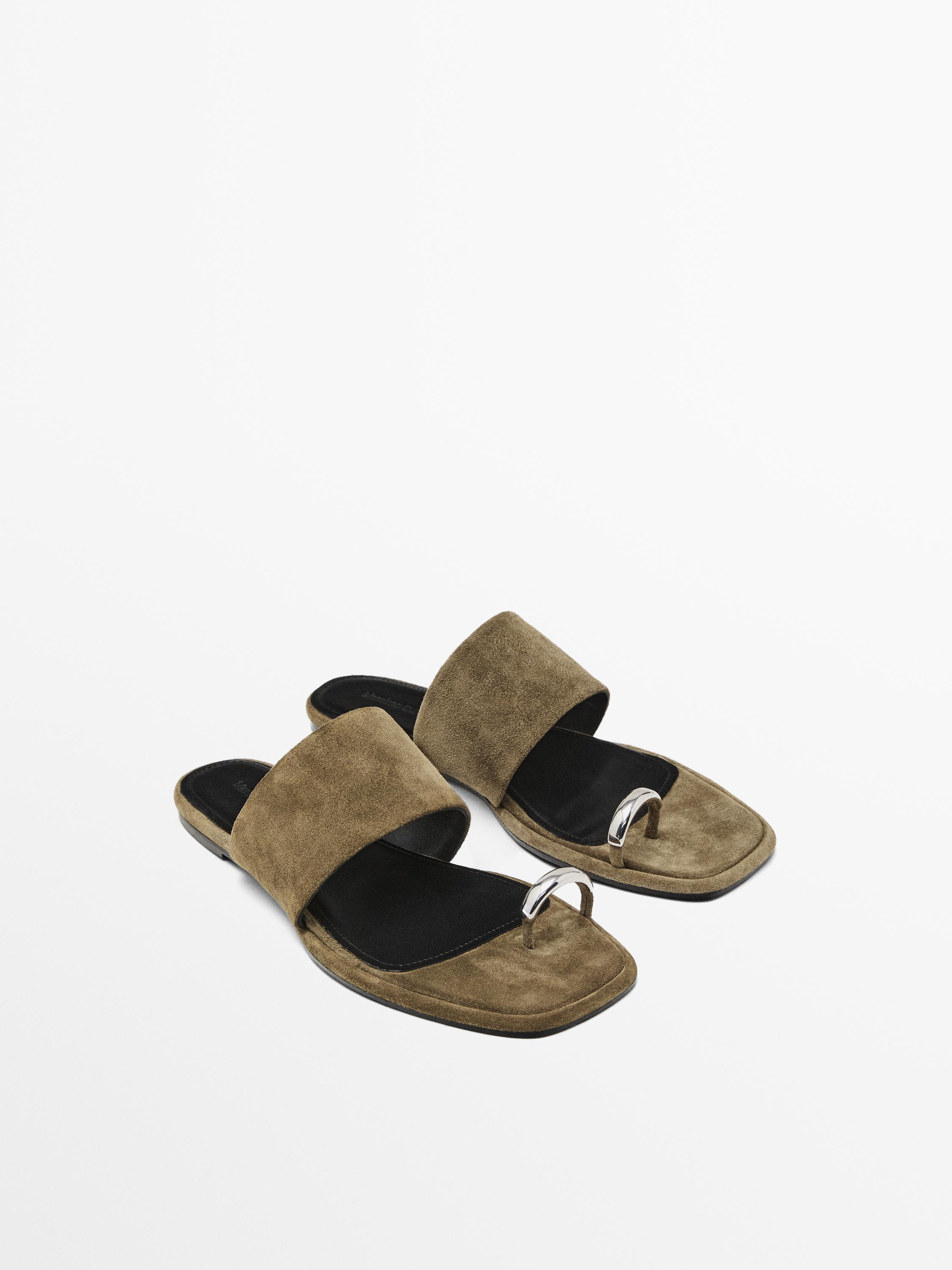 Split suede flat slider sandals with ring detail | Massimo Dutti US
