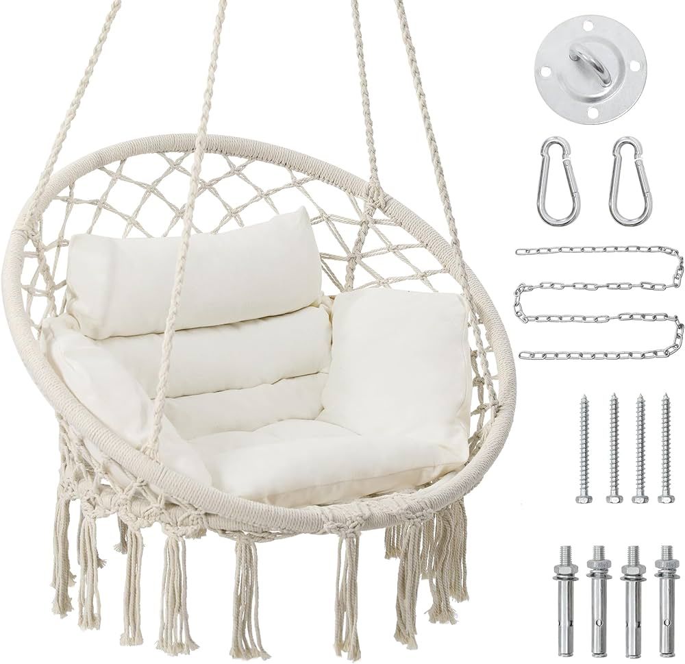 KROFEM Macrame Hammock Hanging Swinging Chair with Medium Cushion, Perfect for Bedroom, Porch, Ad... | Amazon (US)