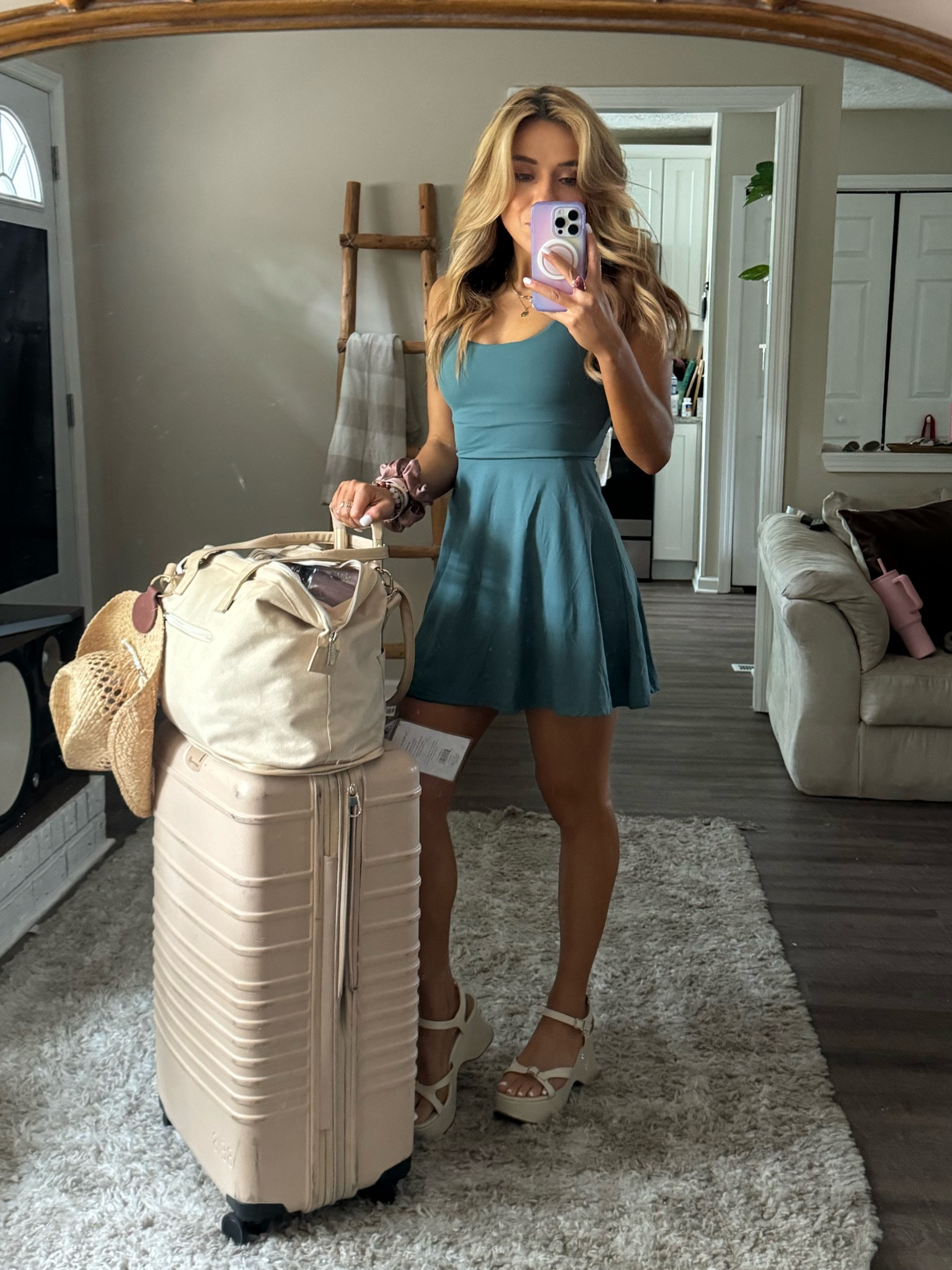 Travel outfit! Active dress and beis luggage 

#LTKItBag #LTKTravel #LTKActive