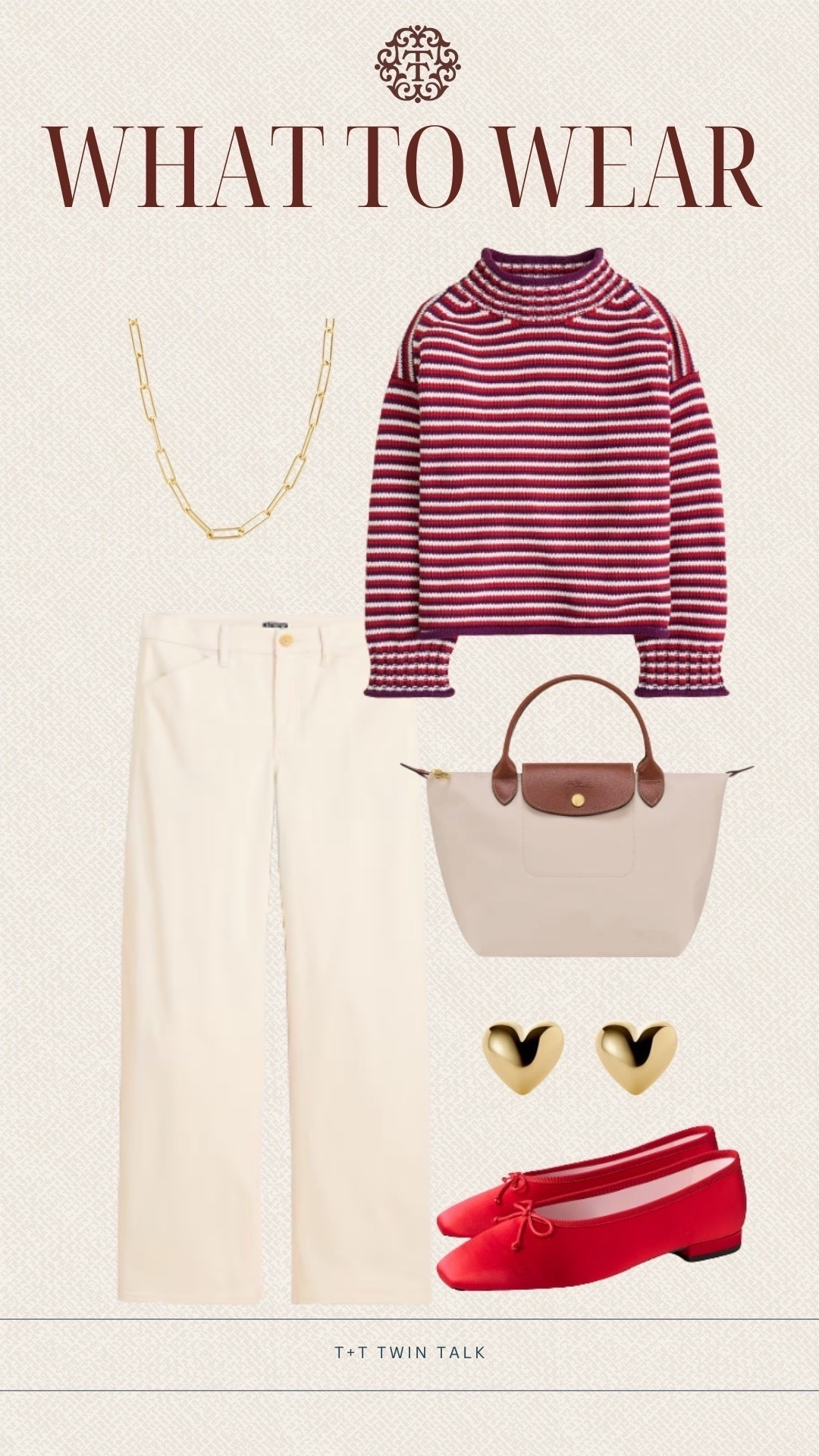 T+T, what to wear! We are loving this striped J.Crew sweater paired with off-white pants. We would accessorize with a simple gold necklace and heart shaped earrings. Complete the look with red flats! 

#LTKSeasonal #LTKOver40 #LTKMidsize