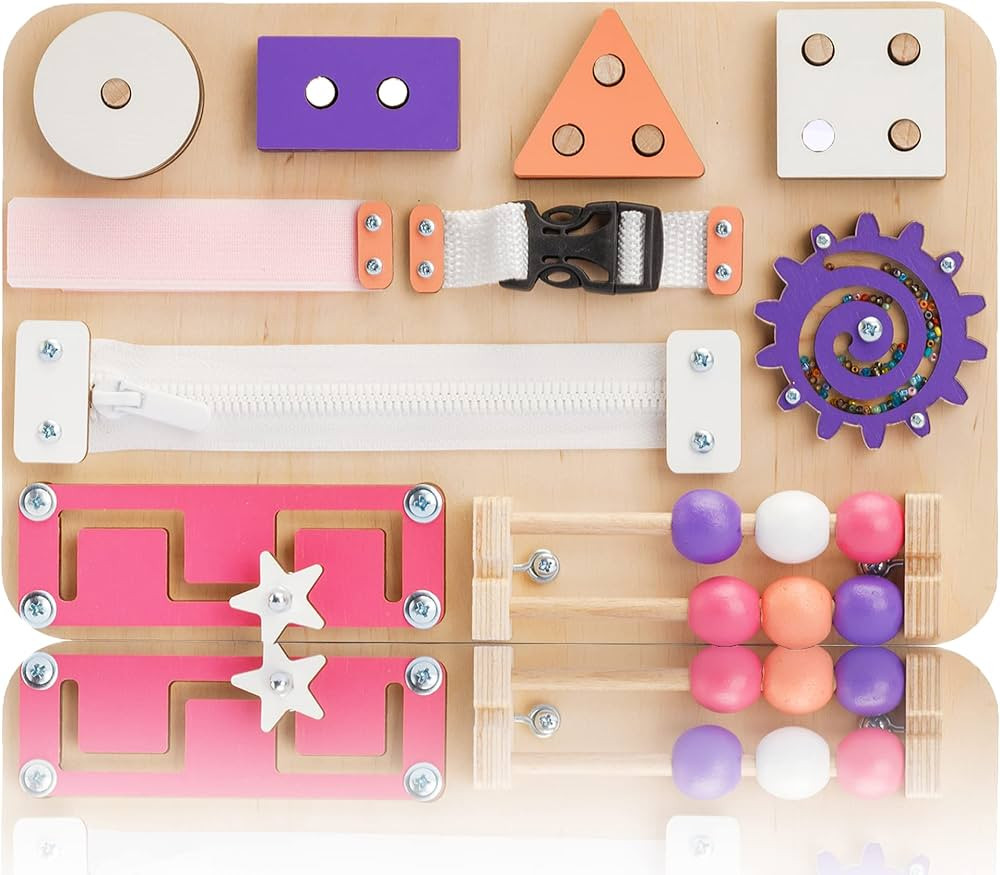 EvoKids BizzzyJoy Wooden Sorting Stacking Toy Busy Board for Toddlers Zipper, Buckle in Handmade ... | Amazon (US)