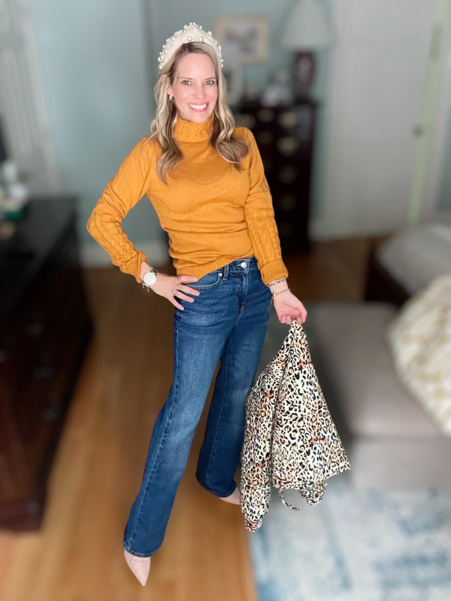Casual chic with a pop of fall color 🍁✨ I styled a mustard turtleneck sweater with classic straight-leg denim for an effortlessly polished look. Nude pointed-toe heels elongate the legs while keeping it sleek and feminine. To add some personality, I layered on a leopard print jacket 🐆—the perfect statement piece that instantly elevates a simple jeans-and-sweater combo. A pearl headband ties it all together with a touch of glam, making this outfit ideal for fall errands, casual Fridays, or a coffee date.

⸻

: fall outfit inspo, mustard turtleneck sweater, straight leg jeans, leopard print jacket, pearl headband, fall casual style, chic everyday outfit, neutral pointed toe heels, autumn fashion trends, LTK fall outfits, classic chic fall look, elevated casual style


#LTKFindsUnder100 #LTKOver40 #LTKFindsUnder50