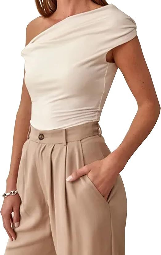 Lauweion Women Elegant One Shoulder Ruched Top Sleeveless Casual Solid Slim Fit Asymmetrical Goin... | Amazon (US)